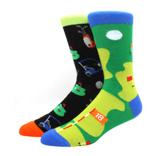 Load image into Gallery viewer, Two colorful socks with golf-themed designs on a white background