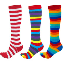 Load image into Gallery viewer, Three pairs of colorful striped knee-high socks on a white background