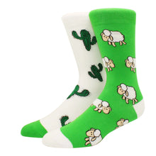 Load image into Gallery viewer, Two pairs of socks with cactus and sheep patterns on a white background