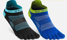 Load image into Gallery viewer, Two pairs of WRELS low cut toe socks in black and blue on a white background.