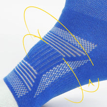 Load image into Gallery viewer, Blue athletic sock with text highlighting support during exercise and correct gait.