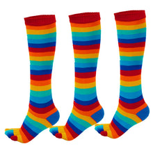 Load image into Gallery viewer, Three pairs of colorful striped knee-high socks on a white background