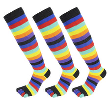 Load image into Gallery viewer, Three pairs of colorful striped knee-high socks on a white background