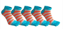 Load image into Gallery viewer, Five pairs of colorful striped toe socks designed for men, displayed in two rows with the top row labeled '5 Pairs'.