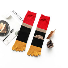 Load image into Gallery viewer, Colorful toe socks with red, black, and yellow stripes on a white surface.
