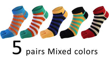 Load image into Gallery viewer, Five pairs of colorful striped toe socks designed for men, displayed in two rows with the top row labeled '5 Pairs'.
