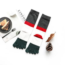 Load image into Gallery viewer, Pair of gray and green toe socks with red accents on a white surface.
