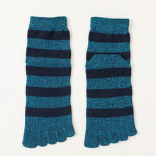 Load image into Gallery viewer, Pair of blue and black striped toe socks on a white background
