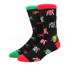 Load image into Gallery viewer, Colorful socks with horse and jockey designs on a black background
