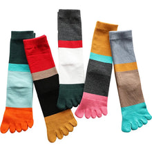 Load image into Gallery viewer, Set of colorful toe socks with different color combinations on a white background
