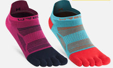 Load image into Gallery viewer, Two pairs of low cut toe socks in rose red and lake blue on a white background with WRELS branding.
