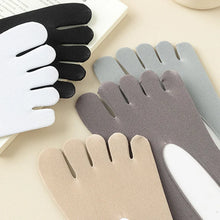 Load image into Gallery viewer, Set of five pairs of split-toe socks in black, white, gray, beige, and brown on a light background.
