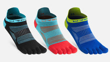 Load image into Gallery viewer, Three pairs of WRELS low cut toe socks in black, lake blue, and blue with red toes on a white background.
