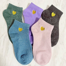 Load image into Gallery viewer, Five pairs of socks in different colors with heart designs on a light background

