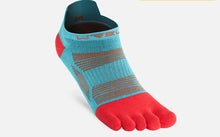 Load image into Gallery viewer, Blue and red low cut toe sock with WRELS branding on a white background
