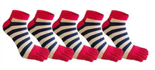 Load image into Gallery viewer, Five pairs of colorful striped toe socks designed for men, displayed in two rows with the top row labeled '5 Pairs'.
