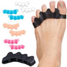 Load image into Gallery viewer, Black toe separator on a foot with colorful separators displayed above.
