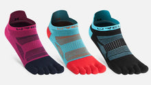 Load image into Gallery viewer, Three pairs of Wrels low cut toe socks in different colors on a white background.
