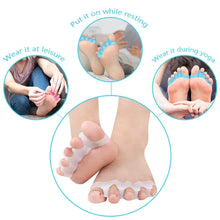 Load image into Gallery viewer, Silicone toe separators worn on feet with usage instructions on a white background
