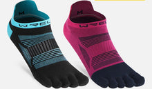 Load image into Gallery viewer, Two pairs of WRELS low cut toe socks in black and rose red on a white background.
