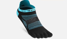 Load image into Gallery viewer, Black and blue WRELS low cut toe sock on a white background with brand logo.
