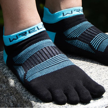 Load image into Gallery viewer, Black and blue WRELS toe-separated socks with text 'Reduce Inter-Toe Friction' on a blurred outdoor background.
