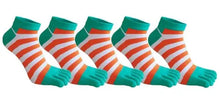 Load image into Gallery viewer, Five pairs of colorful striped toe socks designed for men, displayed in two rows with the top row labeled '5 Pairs'.
