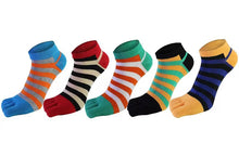 Load image into Gallery viewer, Five pairs of colorful striped toe socks designed for men, displayed in two rows with the top row labeled '5 Pairs'.
